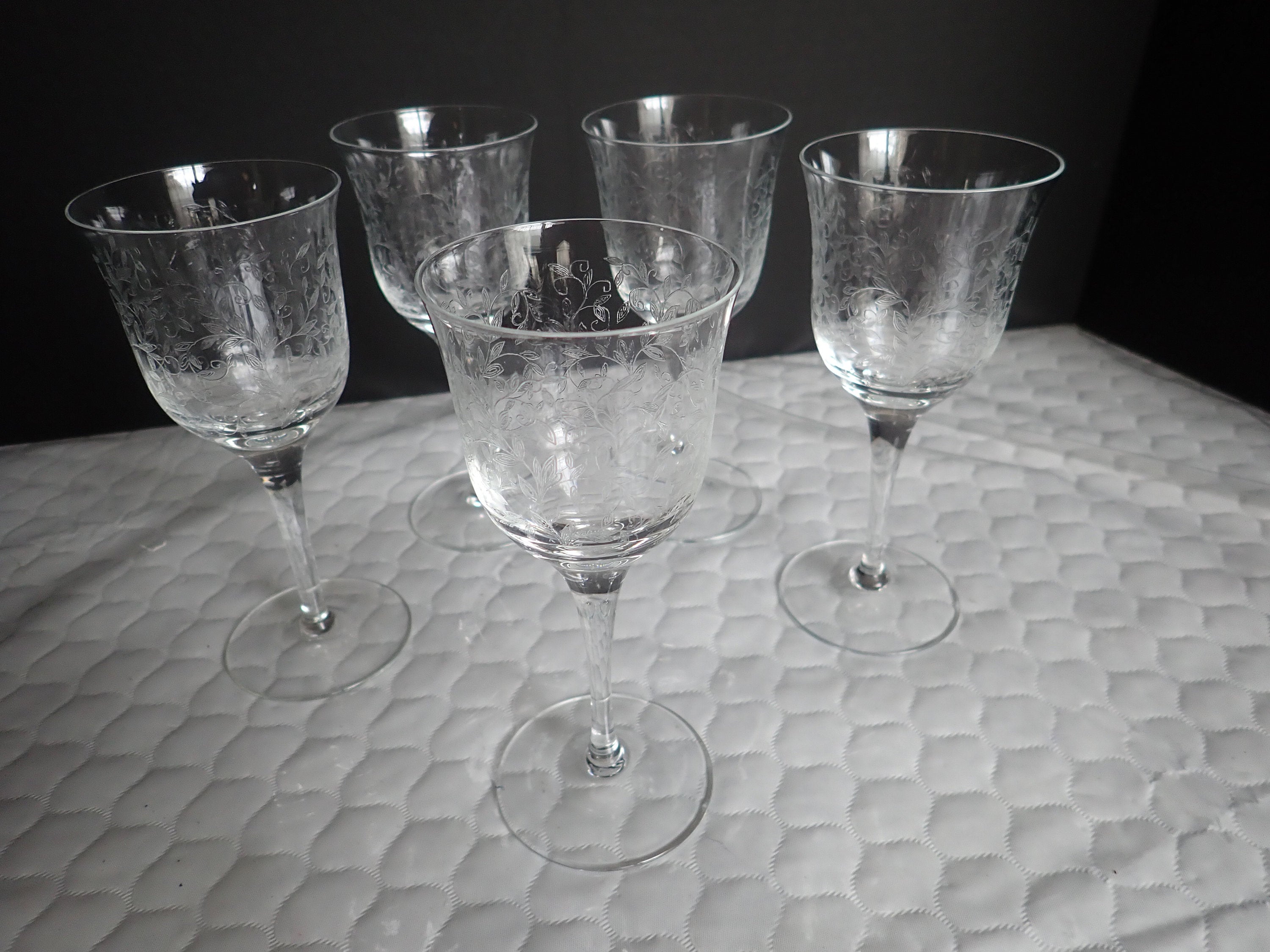 SET of 6 Cut Glass Cocktail Glasses, Berries, Stems, Leaves, 5 1/2 Tall, 2  7/8 Diameter, 3 Ounces 